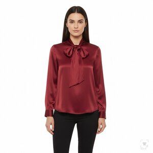 LilySilk Womens Red 100% Mulberry Silk Long-Sleeve Bow Blouse Luxury Design Sz M